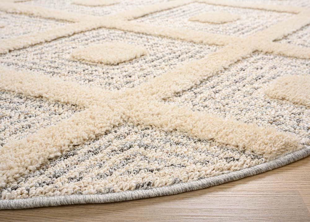 Alfombra redonda de estilo escandinavo - Fjord Voyage Gris/Crema - close up Alfombra redonda de estilo escandinavo - Fjord Voyage Gris/Crema - close up