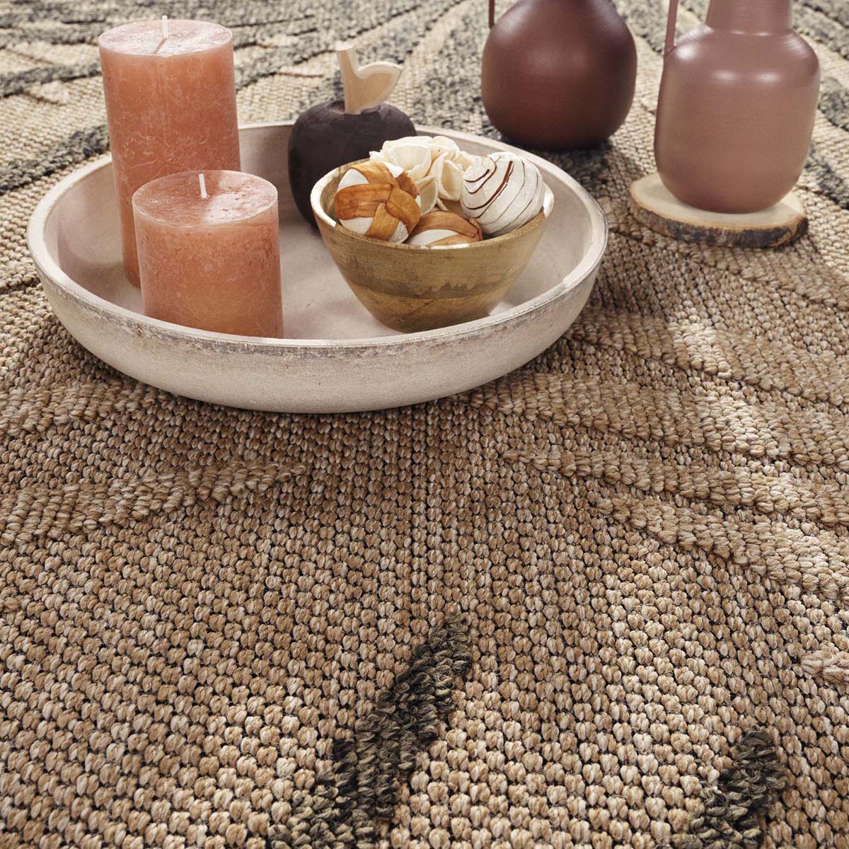 Alfombra yute exterior - Palms beige/negro - close up Alfombra yute exterior - Palms beige/negro - close up