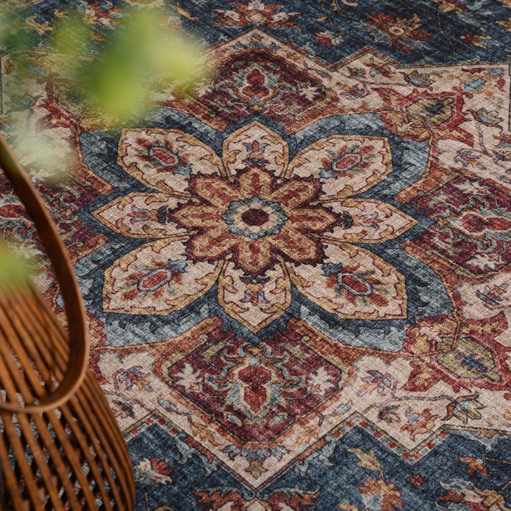 Alfombra exterior vintage - Valenca Brio beige/azul - close up Alfombra exterior vintage - Valenca Brio beige/azul - close up