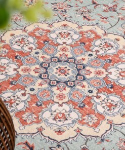 Alfombra exterior vintage ovalada​ - Valenca Nova verde salvia/rojo - close up, thumbnail