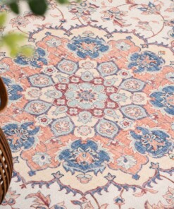 Alfombra exterior redonda vintage - Valenca Nova crema/tinto - close up, thumbnail