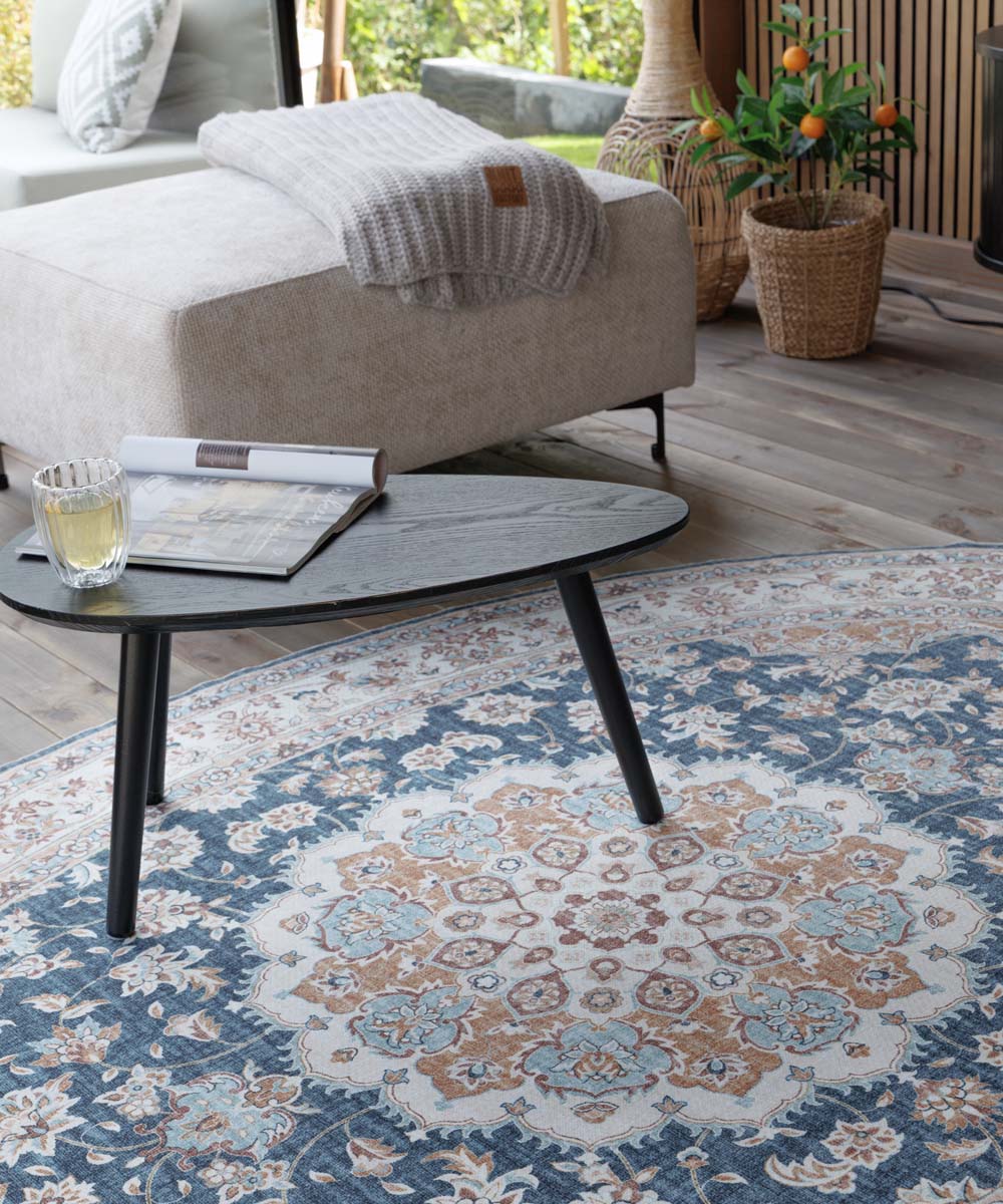 Alfombra exterior vintage ovalada - Valenca Nova dorado/azul - close up Alfombra exterior vintage ovalada - Valenca Nova dorado/azul - close up