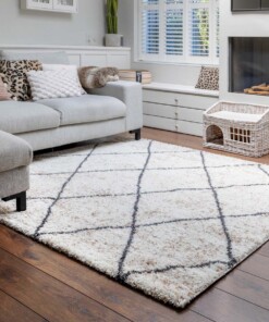 Alfombra cuadrada a rombos de pelo largo Artisan - Blanco/Gris - sfeer