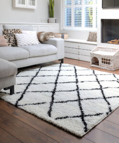 Alfombra cuadrada a rombos de pelo largo Habitat - Blanco/Negro - sfeer