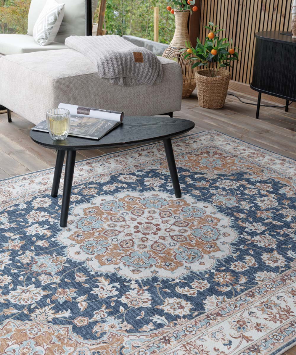 Alfombra exterior vintage - Valenca Nova dorado/azul - close up Alfombra exterior vintage - Valenca Nova dorado/azul - close up