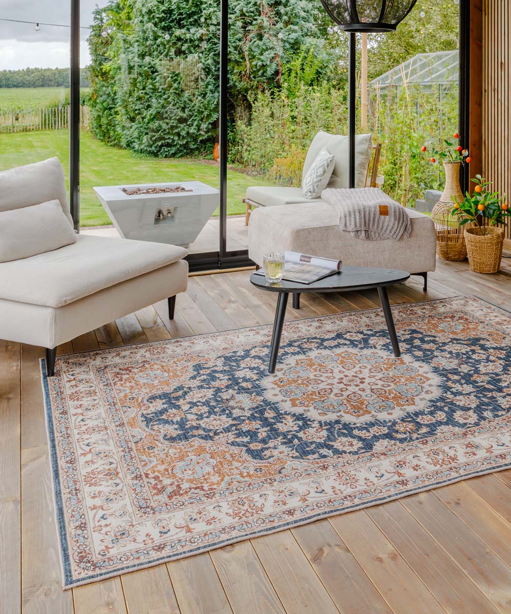 Alfombra exterior vintage - Valenca Nova dorado/azul - sfeer Alfombra exterior vintage - Valenca Nova dorado/azul - sfeer